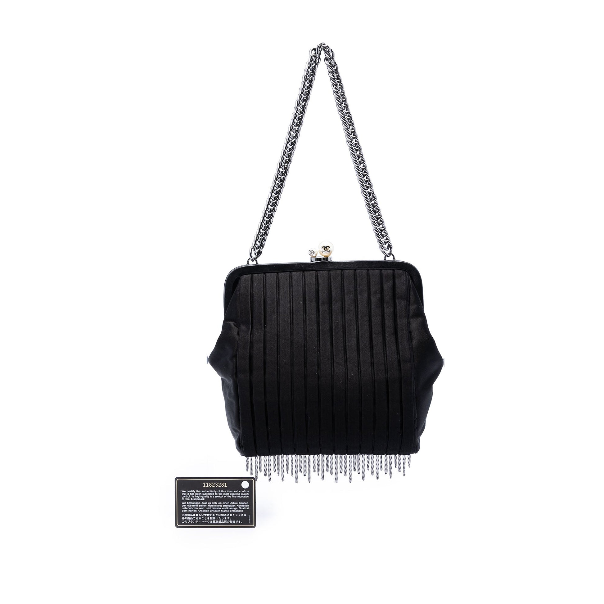 Chanel Pleated Satin Frame Pearl Chain Fringe Shoulder Bag