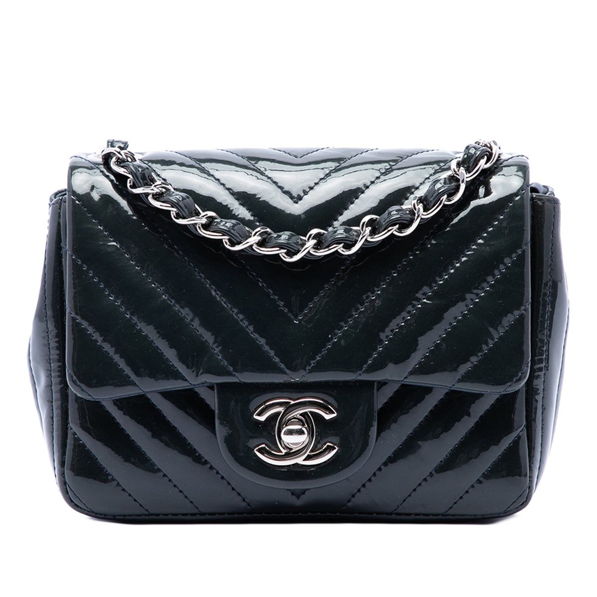 Chanel Mini Square Classic Chevron Patent Single Flap — Blue