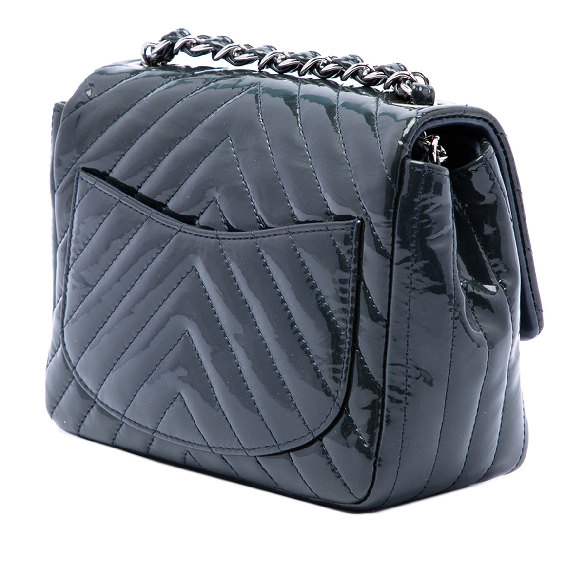 Chanel Mini Square Classic Chevron Patent Single Flap — Blue