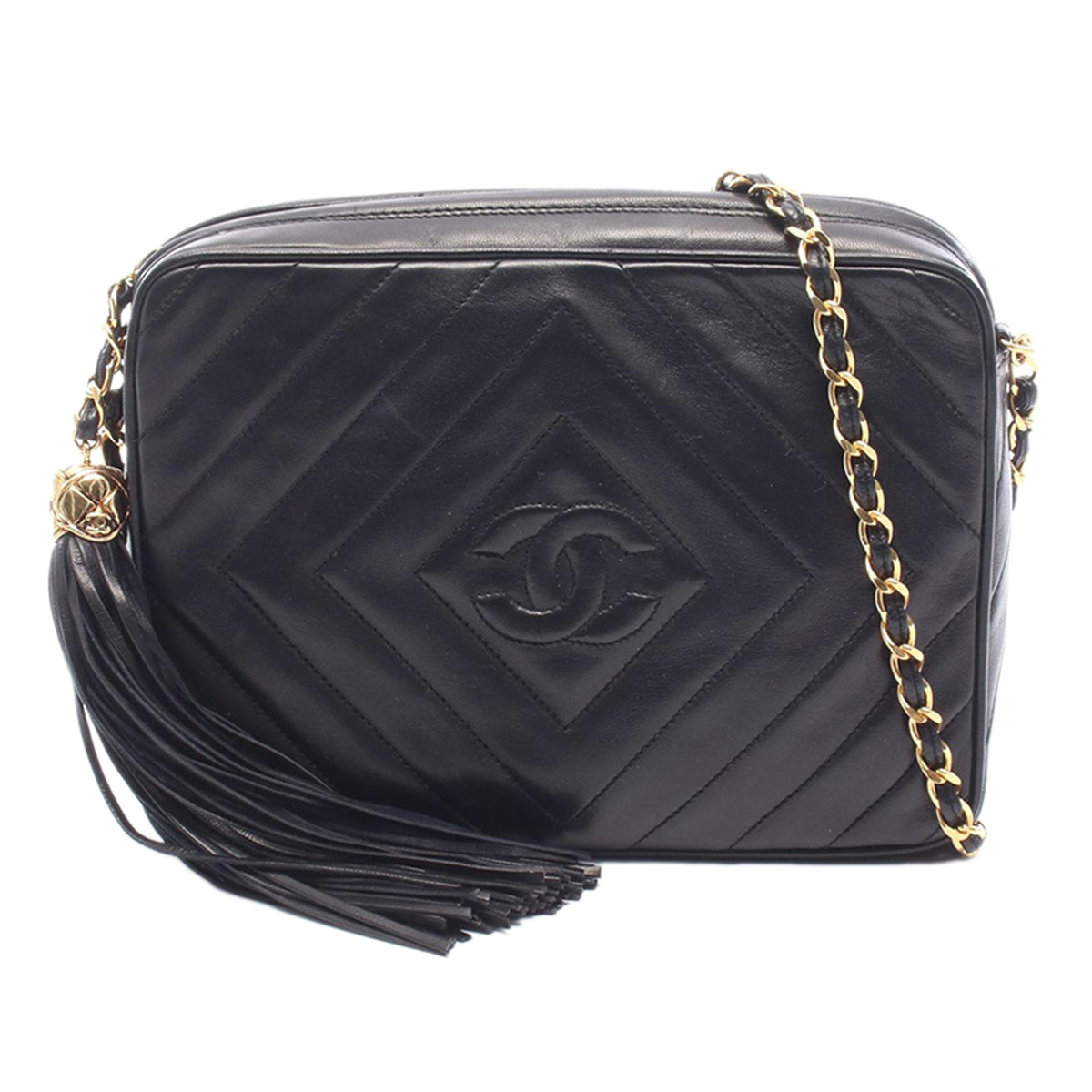 Chanel CC Chevron Quilted Lambskin Tassel Camera Case — Black