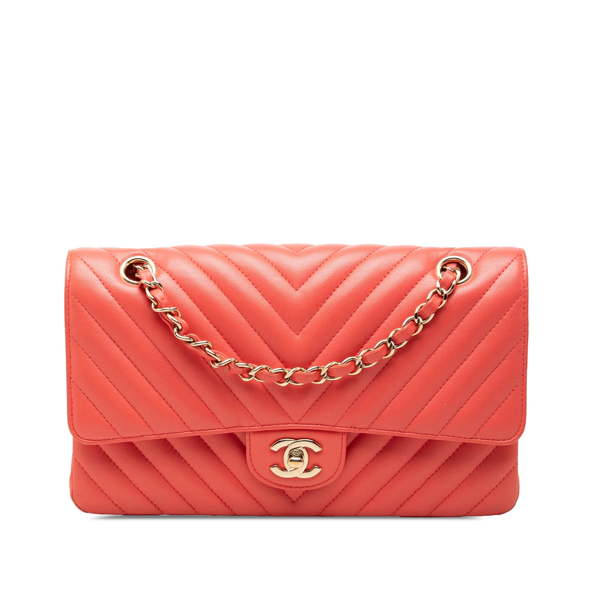 Chanel Medium Classic Chevron Lambskin Double Flap — Pink