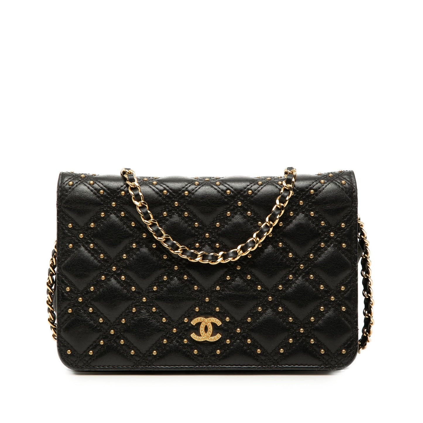 Chanel CC Lambskin Studded Diamond Stitch Wallet On Chain