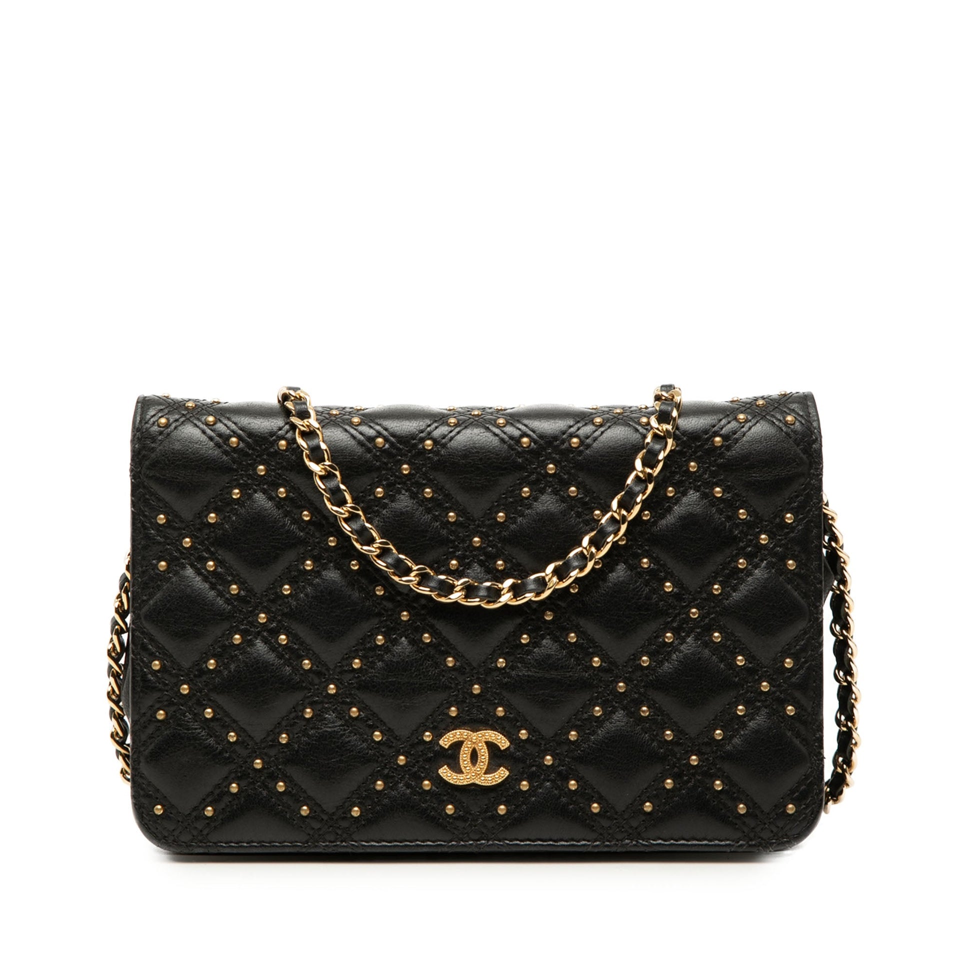 Chanel CC Lambskin Studded Diamond Stitch Wallet On Chain