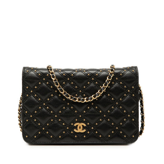Chanel CC Lambskin Studded Diamond Stitch Wallet On Chain