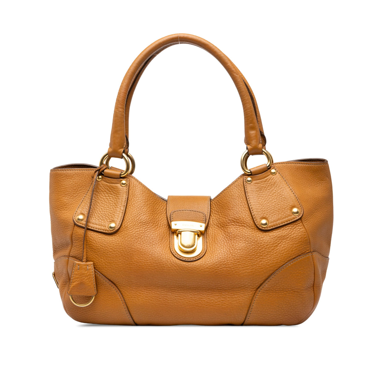 Prada Vitello Daino Push Lock Tote — Brown