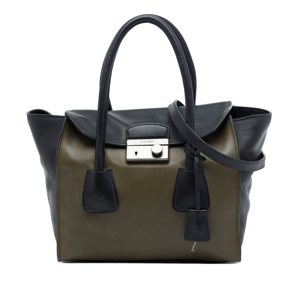 Prada Bicolor Glace Calf Sound Lock Satchel — Brown