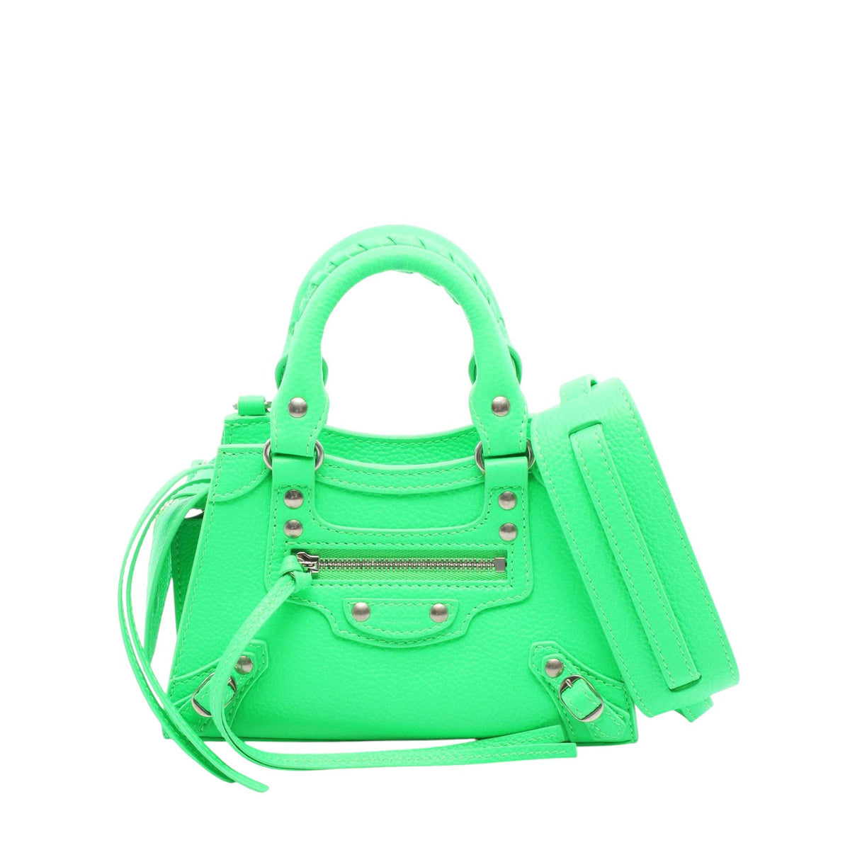 Balenciaga Mini Grained Calfskin Motocross Neo Classic City Satchel — Green