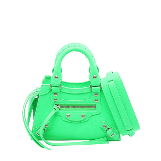 Balenciaga Mini Grained Calfskin Motocross Neo Classic City Satchel — Green