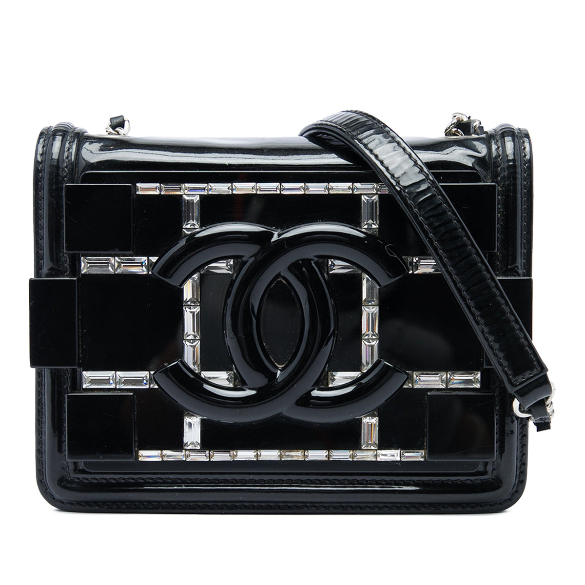 Chanel CC Patent and Acrylic Crystal Embellished Boy Brick Flap — Black