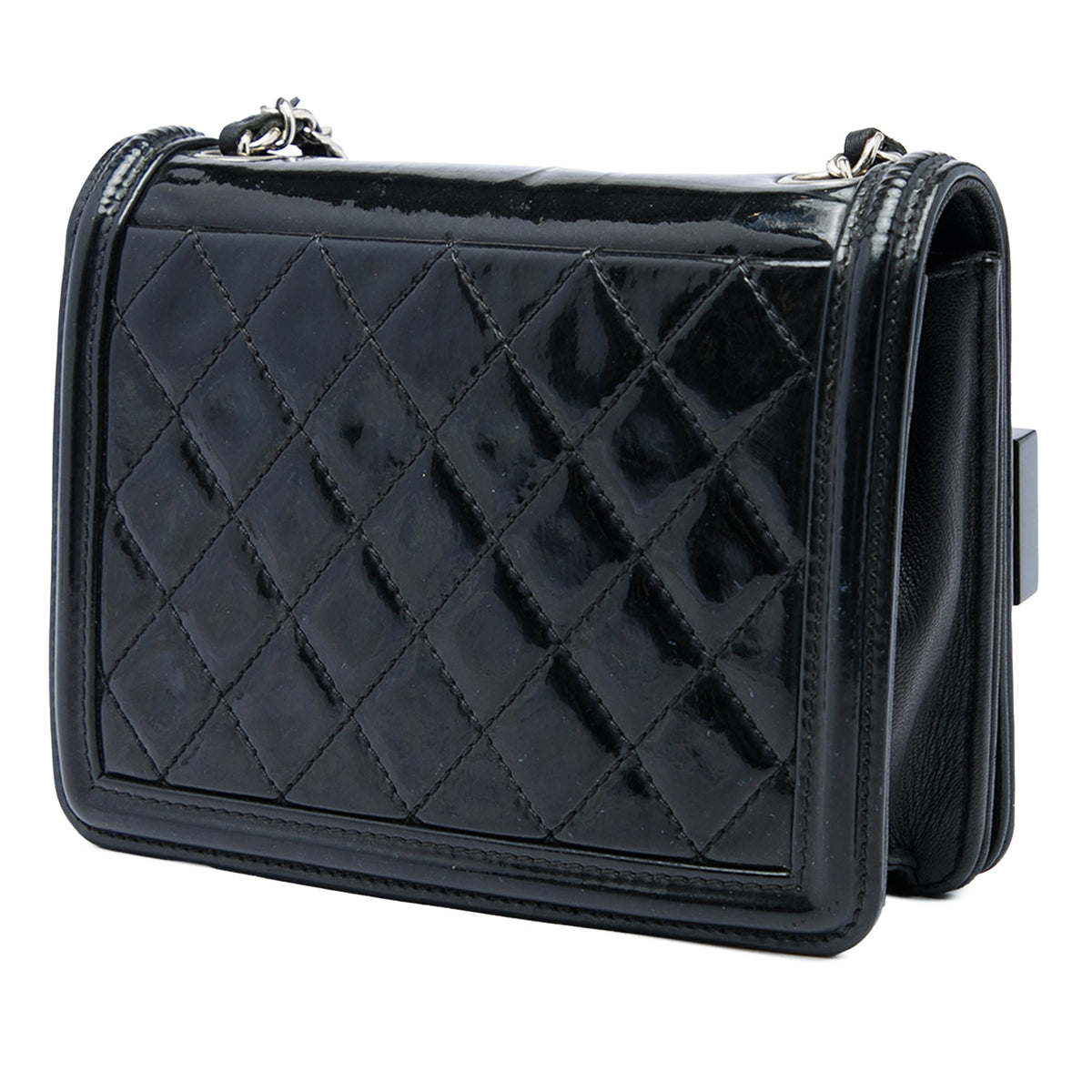 Chanel CC Patent and Acrylic Crystal Embellished Boy Brick Flap — Black