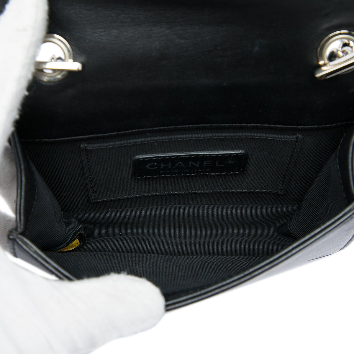 Chanel CC Patent and Acrylic Crystal Embellished Boy Brick Flap — Black