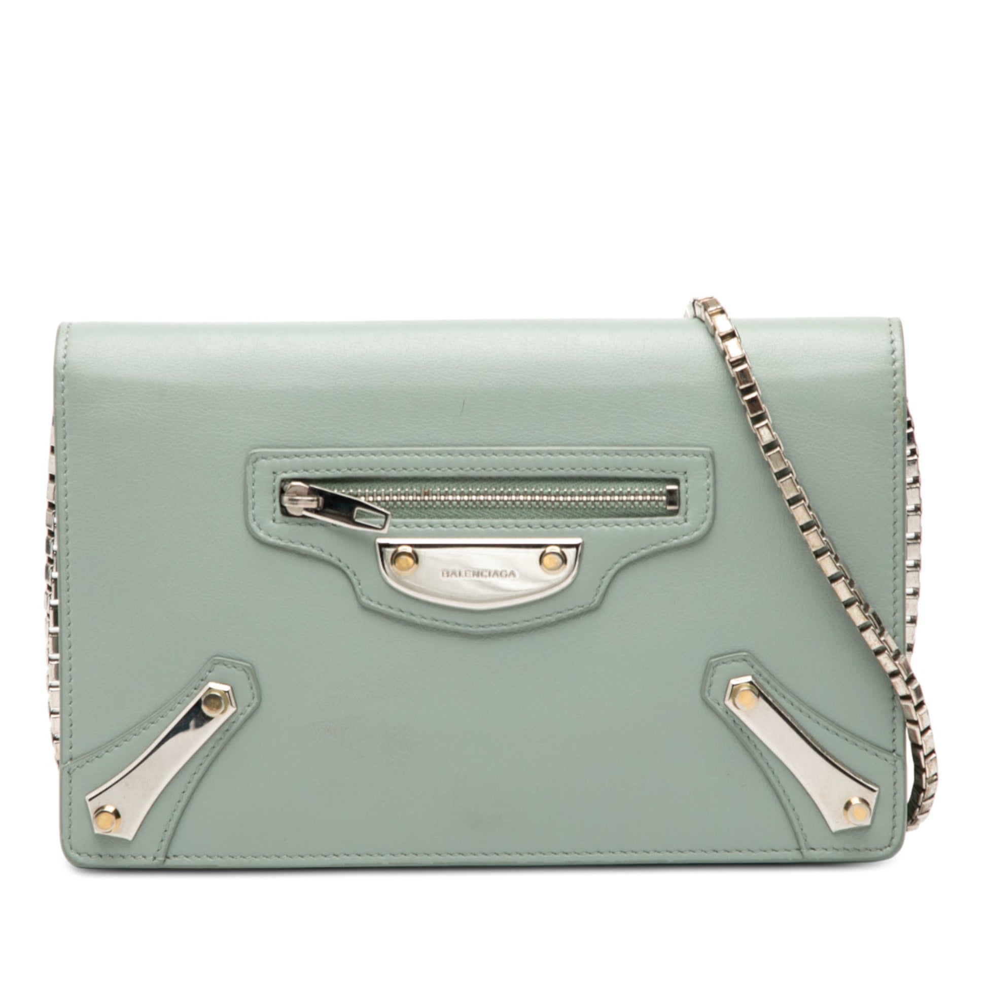 Balenciaga Leather Metal Plate City Wallet on Chain