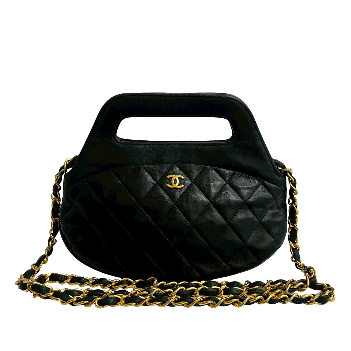 Chanel CC Quilted Lambskin Top Handle Round Frame Bag — Black
