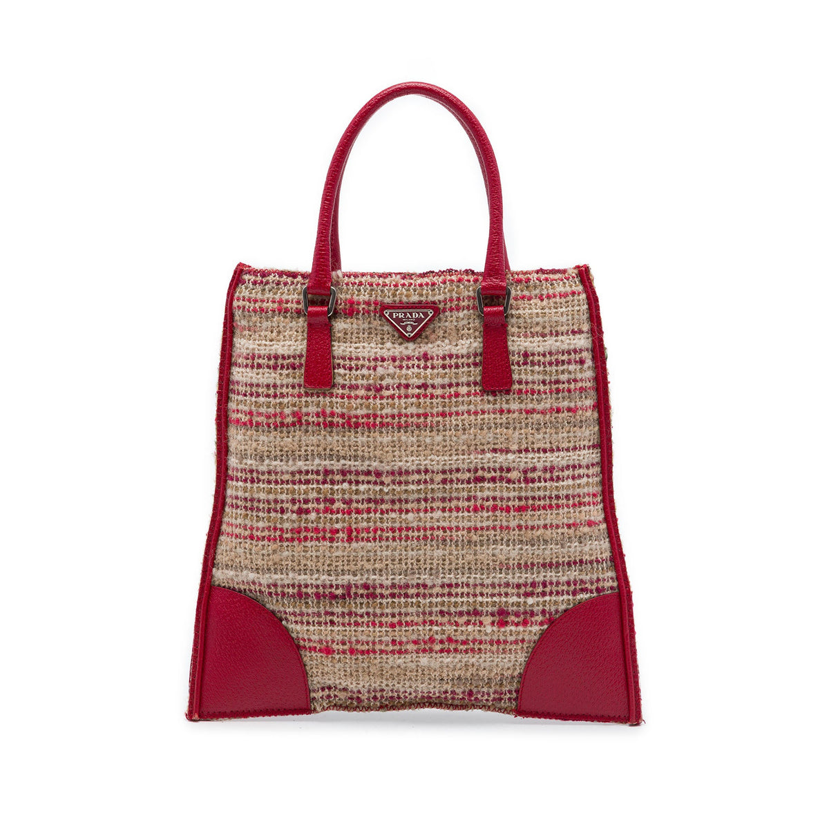 Prada Vitello Trimmed Tweed Flat Tote — Red