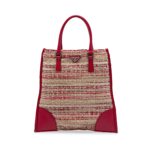 Prada Vitello Trimmed Tweed Flat Tote — Red