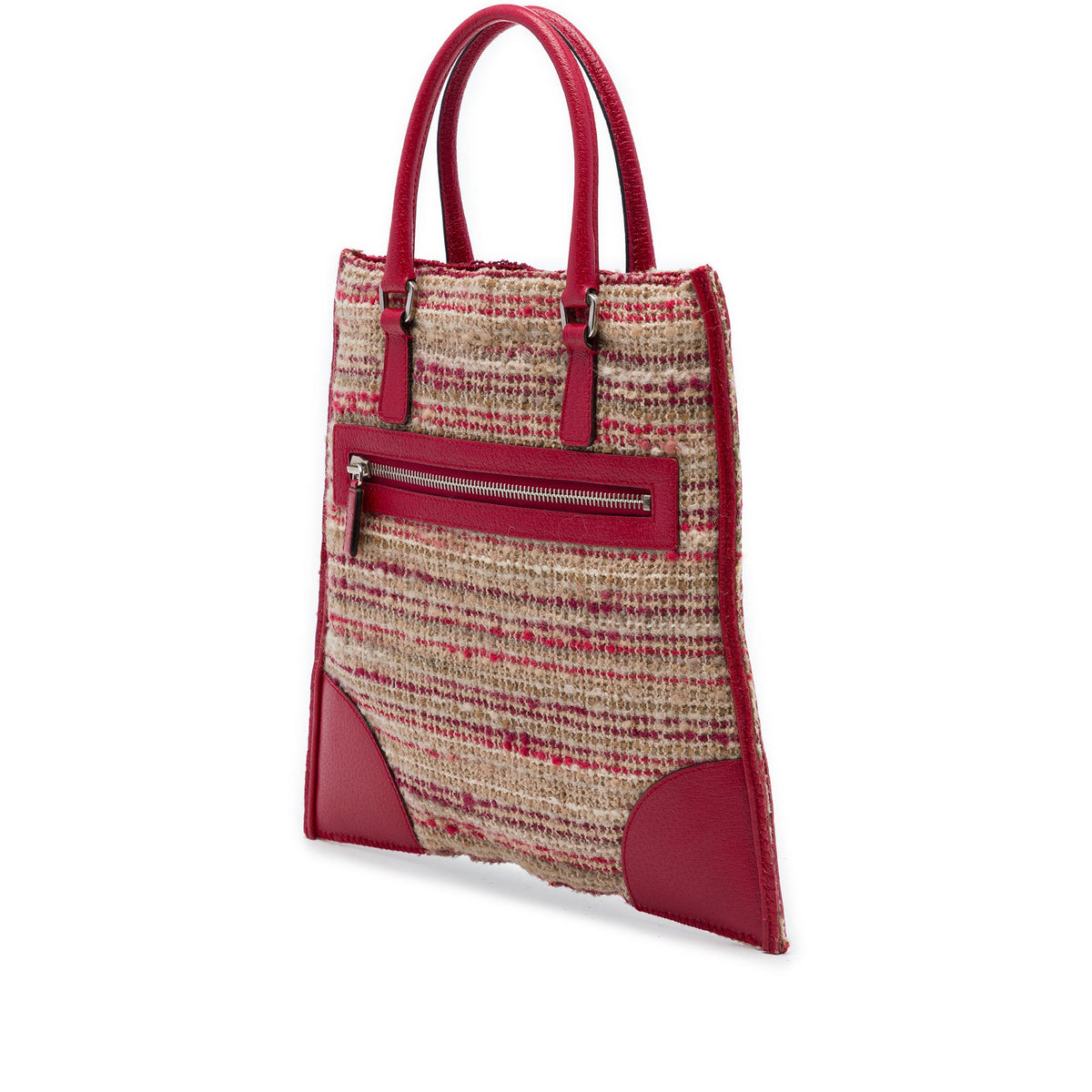 Prada Vitello Trimmed Tweed Flat Tote — Red