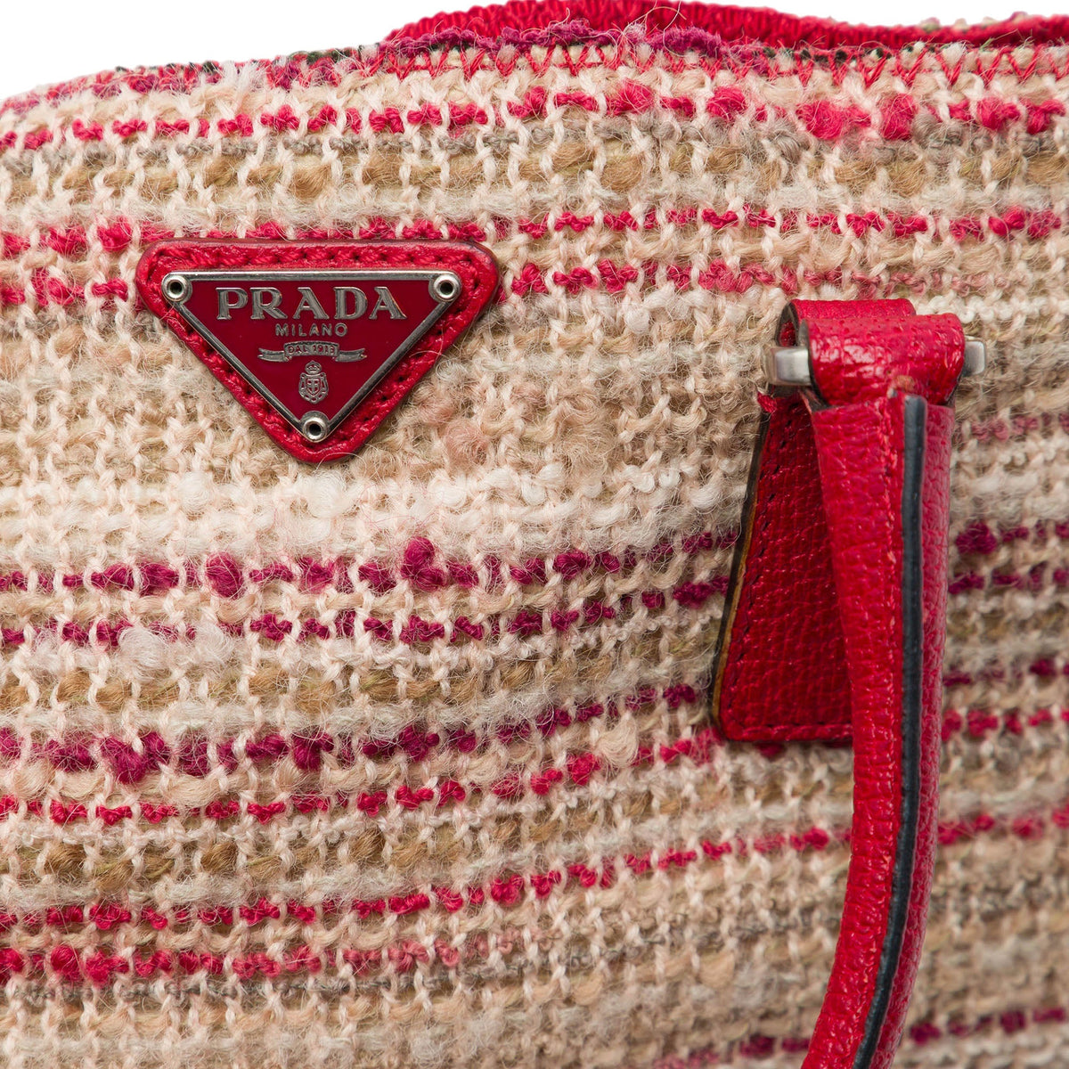 Prada Vitello Trimmed Tweed Flat Tote — Red