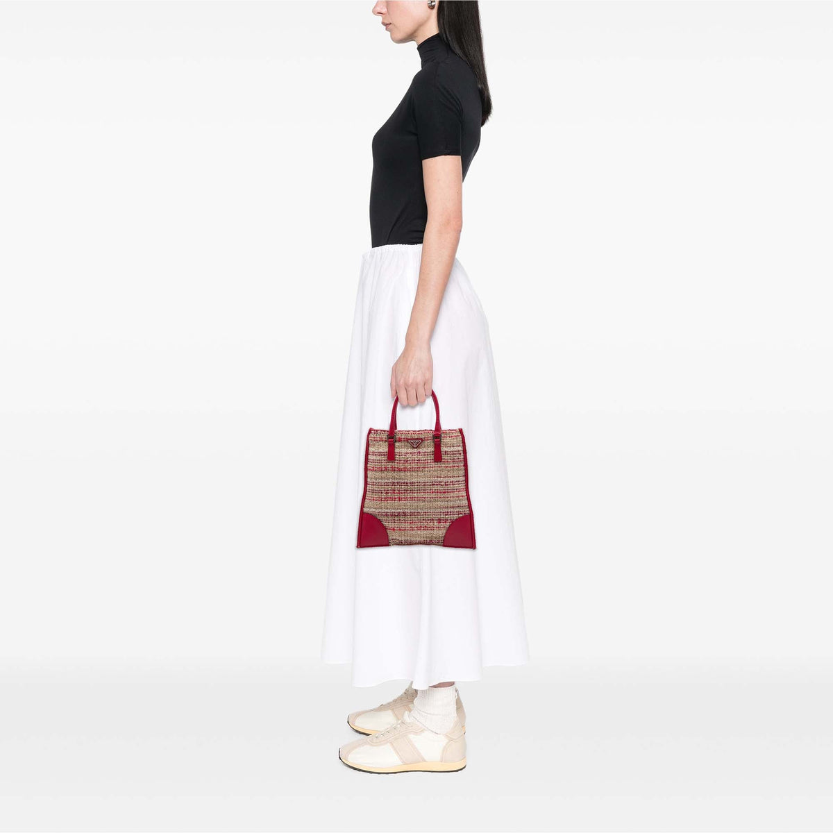 Prada Vitello Trimmed Tweed Flat Tote — Red