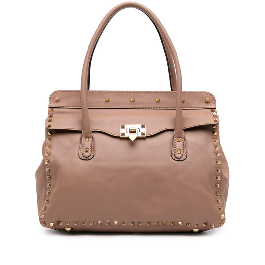 Valentino Leather Rockstud Double Handle Flap Tote — Brown