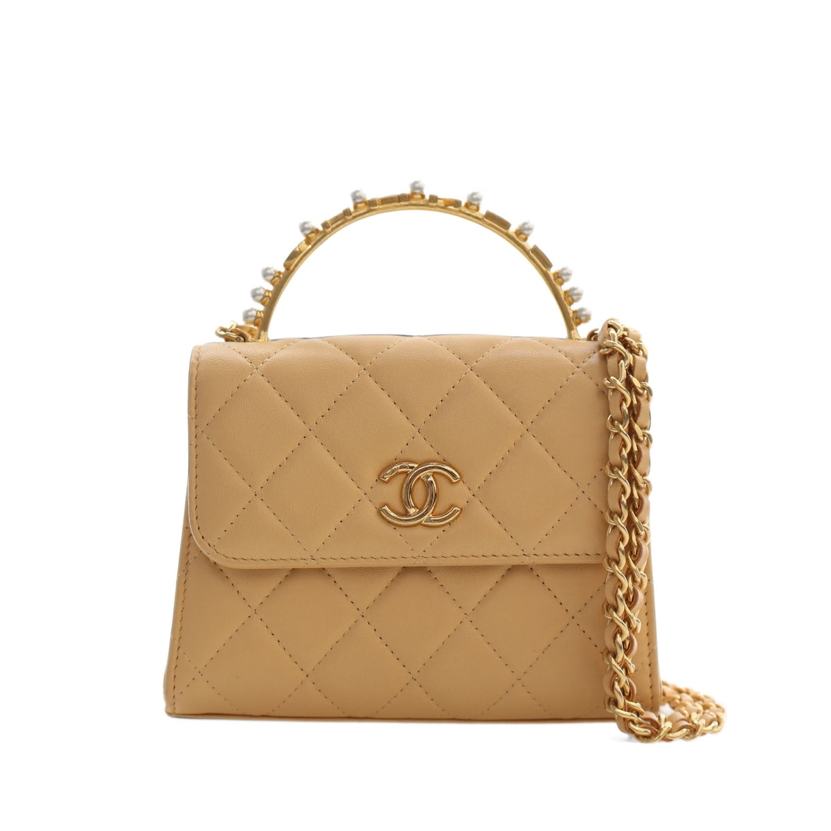 Chanel CC Quilted Lambskin Faux Pearl Top Handle Flap — Beige