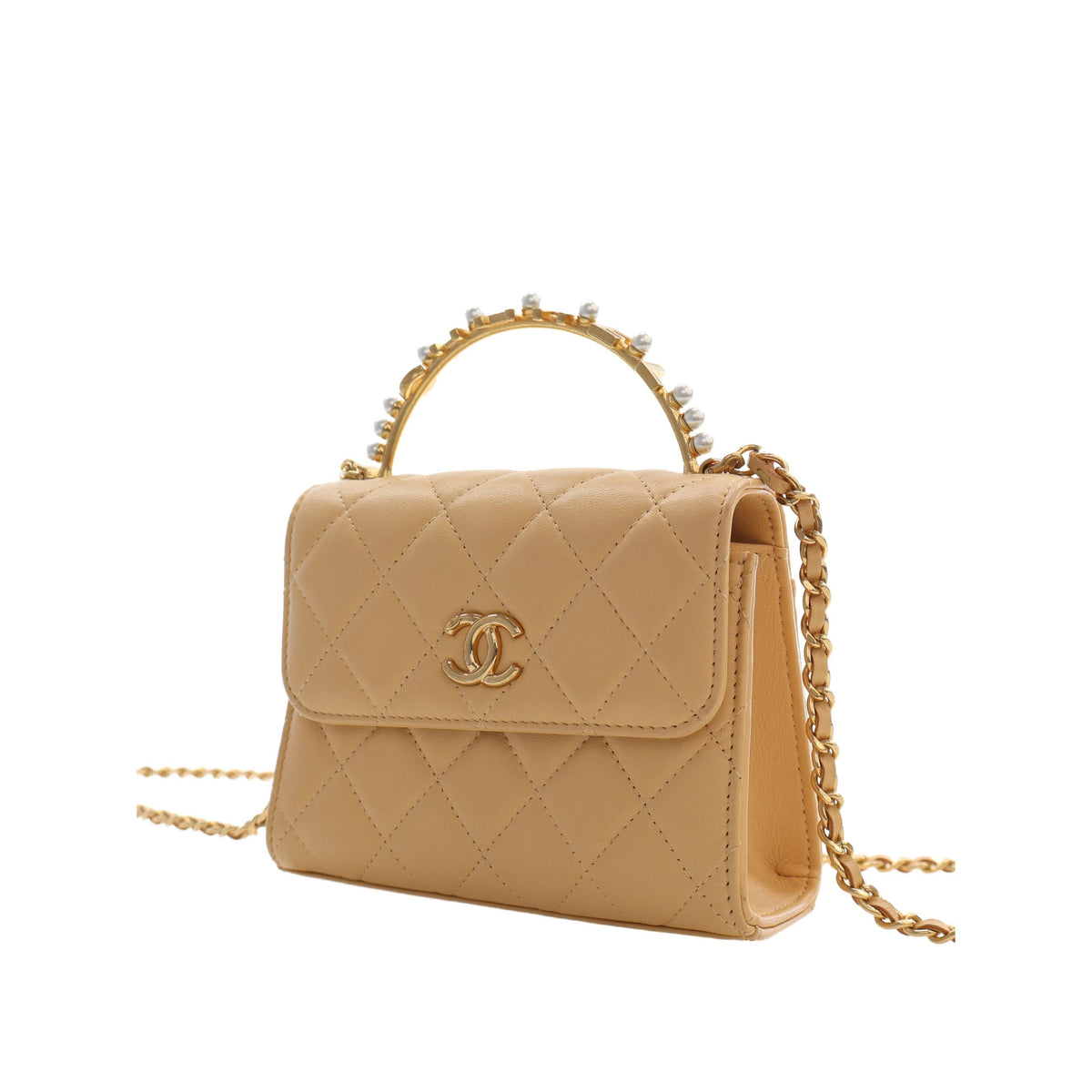 Chanel CC Quilted Lambskin Faux Pearl Top Handle Flap — Beige