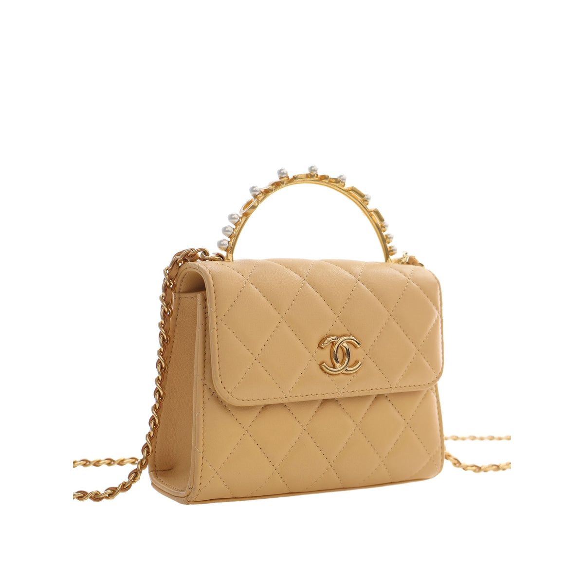 Chanel CC Quilted Lambskin Faux Pearl Top Handle Flap — Beige