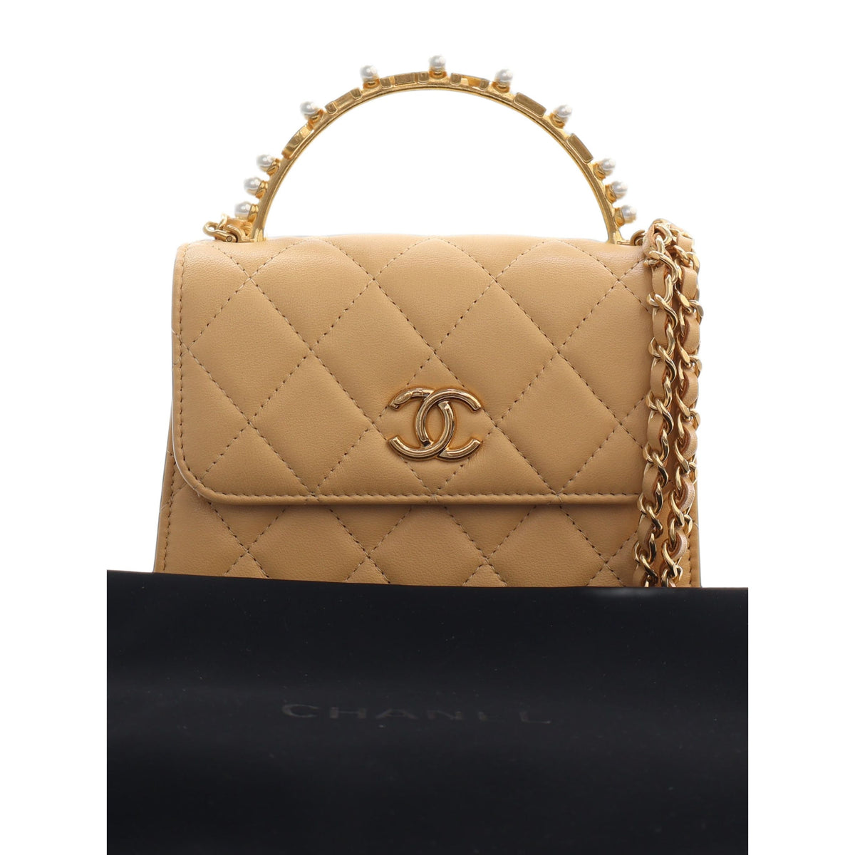 Chanel CC Quilted Lambskin Faux Pearl Top Handle Flap — Beige