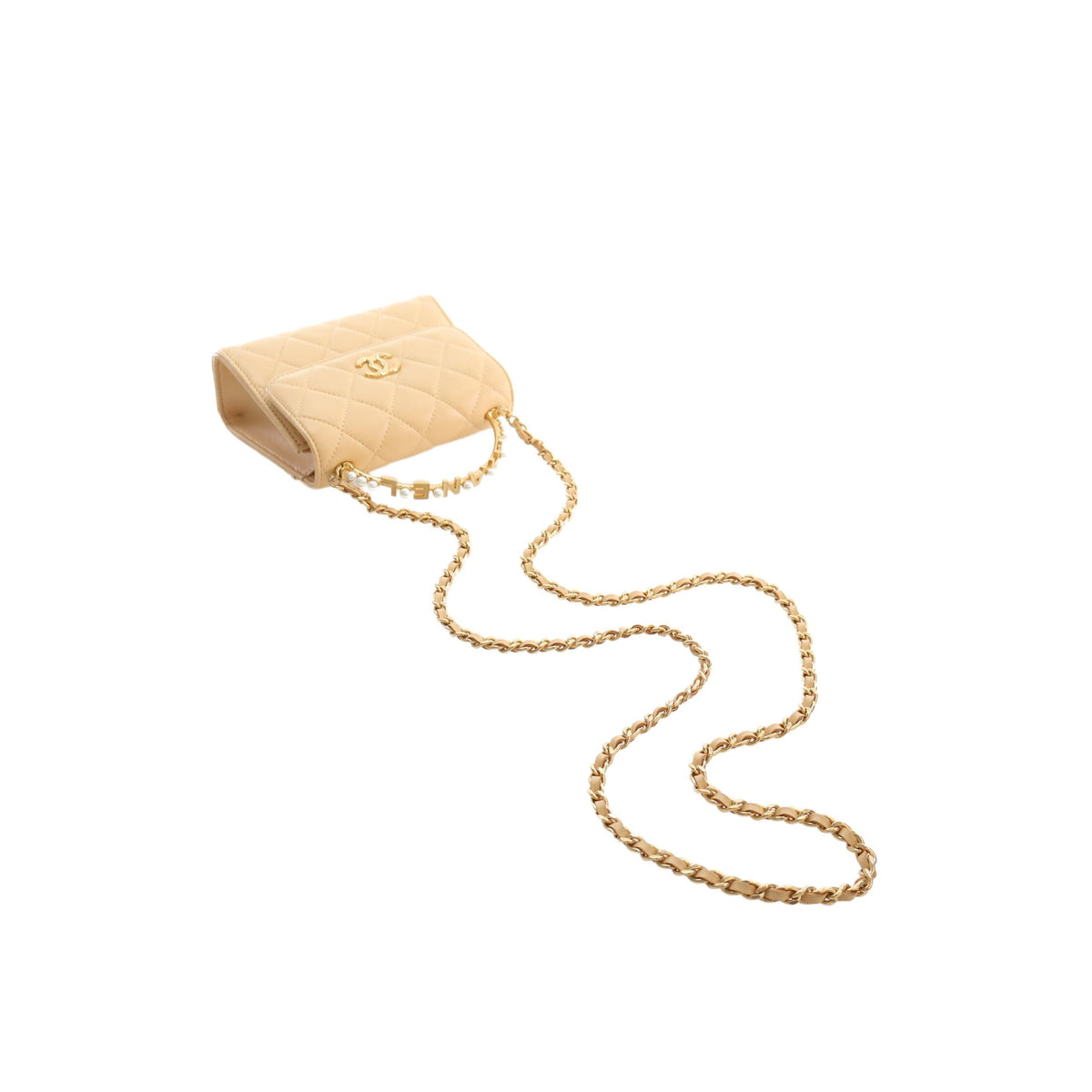 Chanel CC Quilted Lambskin Faux Pearl Top Handle Flap — Beige
