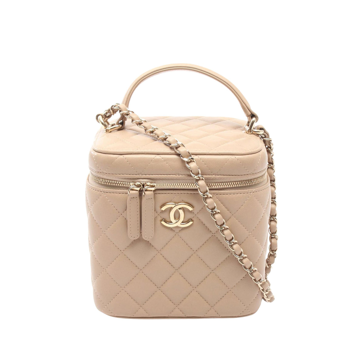 Chanel CC Quilted Lambskin Top Handle Vanity with Chain — Beige