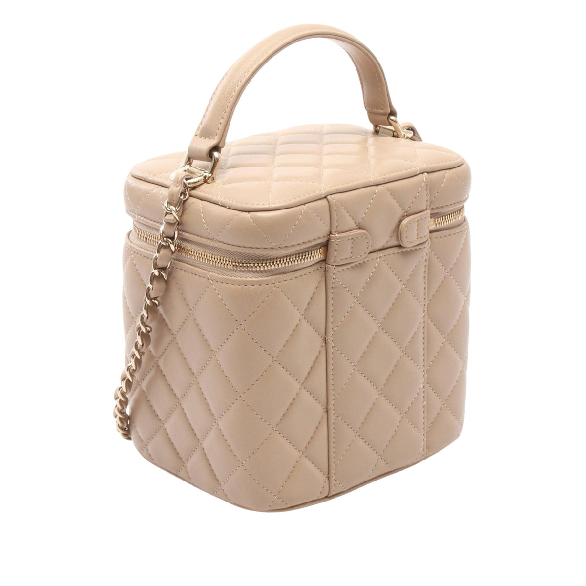 Chanel CC Quilted Lambskin Top Handle Vanity with Chain — Beige