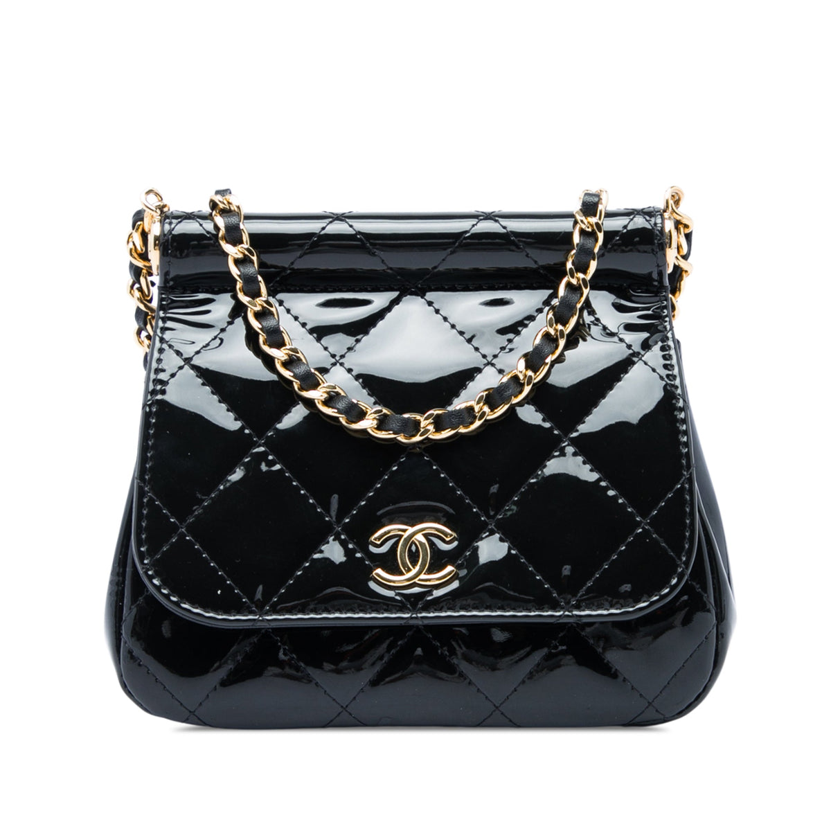 Chanel CC Quilted Patent Frame Flap Clutch with Chain — Black
