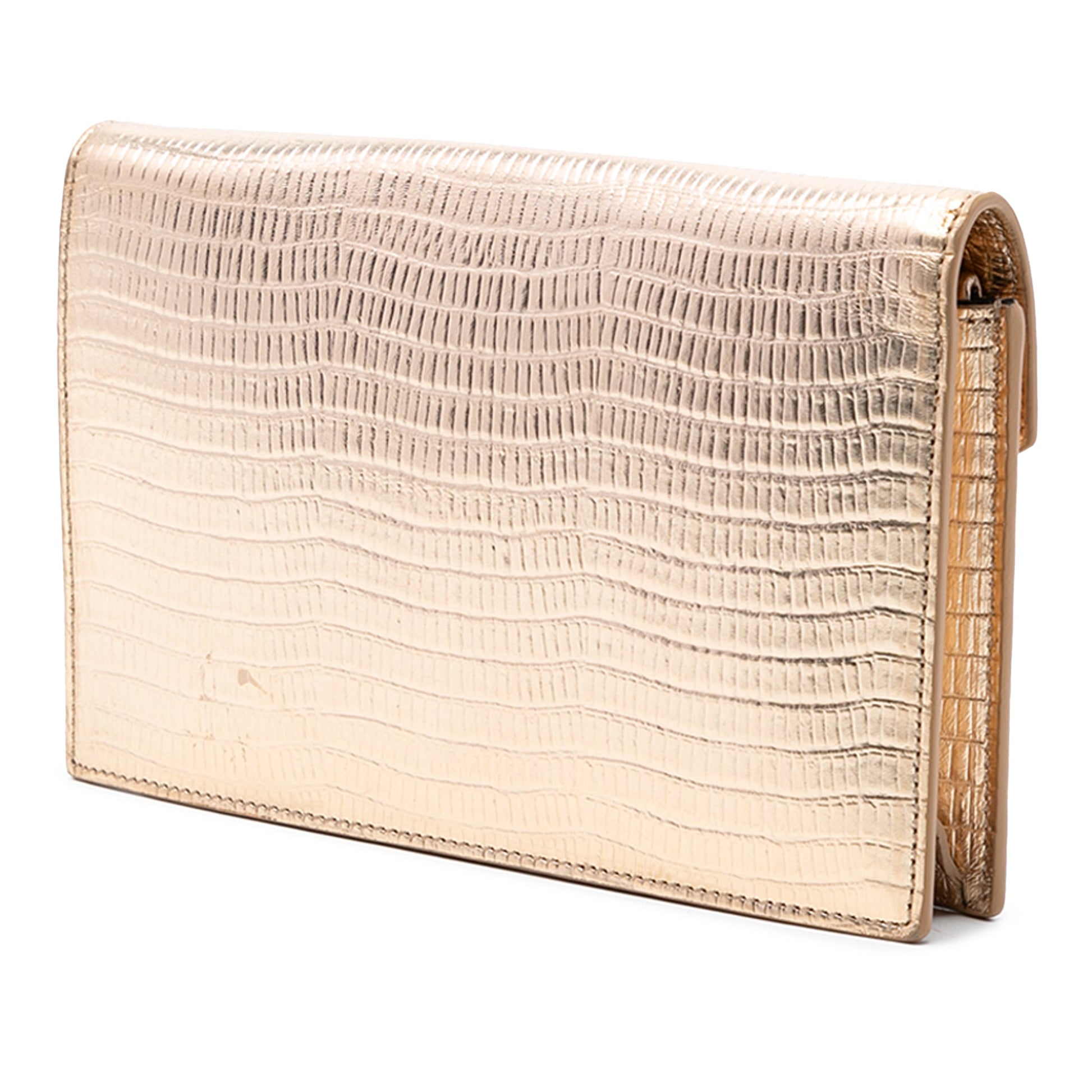 Saint Laurent Lizard Embossed Metallic Calfskin Monogram Envelope Chain Wallet