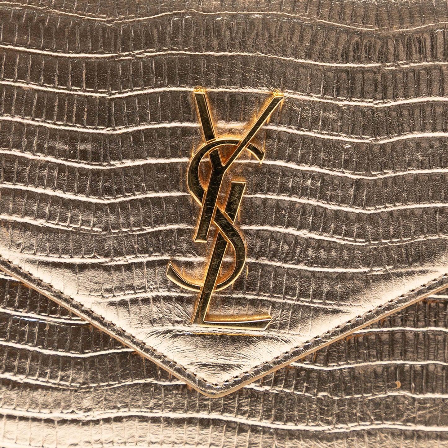 Saint Laurent Lizard Embossed Metallic Calfskin Monogram Envelope Chain Wallet
