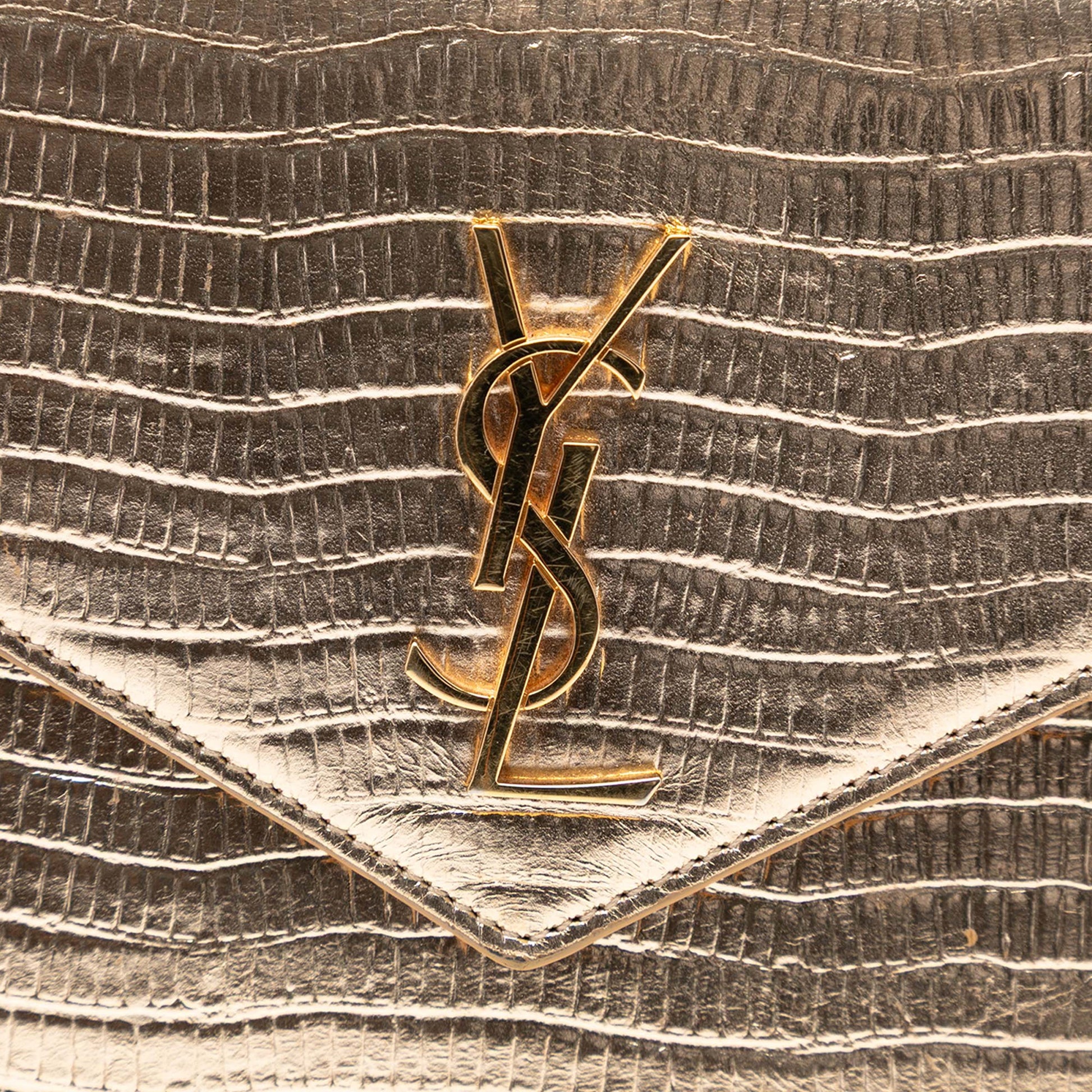 Saint Laurent Lizard Embossed Metallic Calfskin Monogram Envelope Chain Wallet