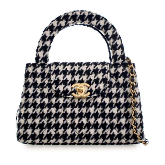 Chanel Nano Quilted Houndstooth Tweed Kelly Shopper Bag