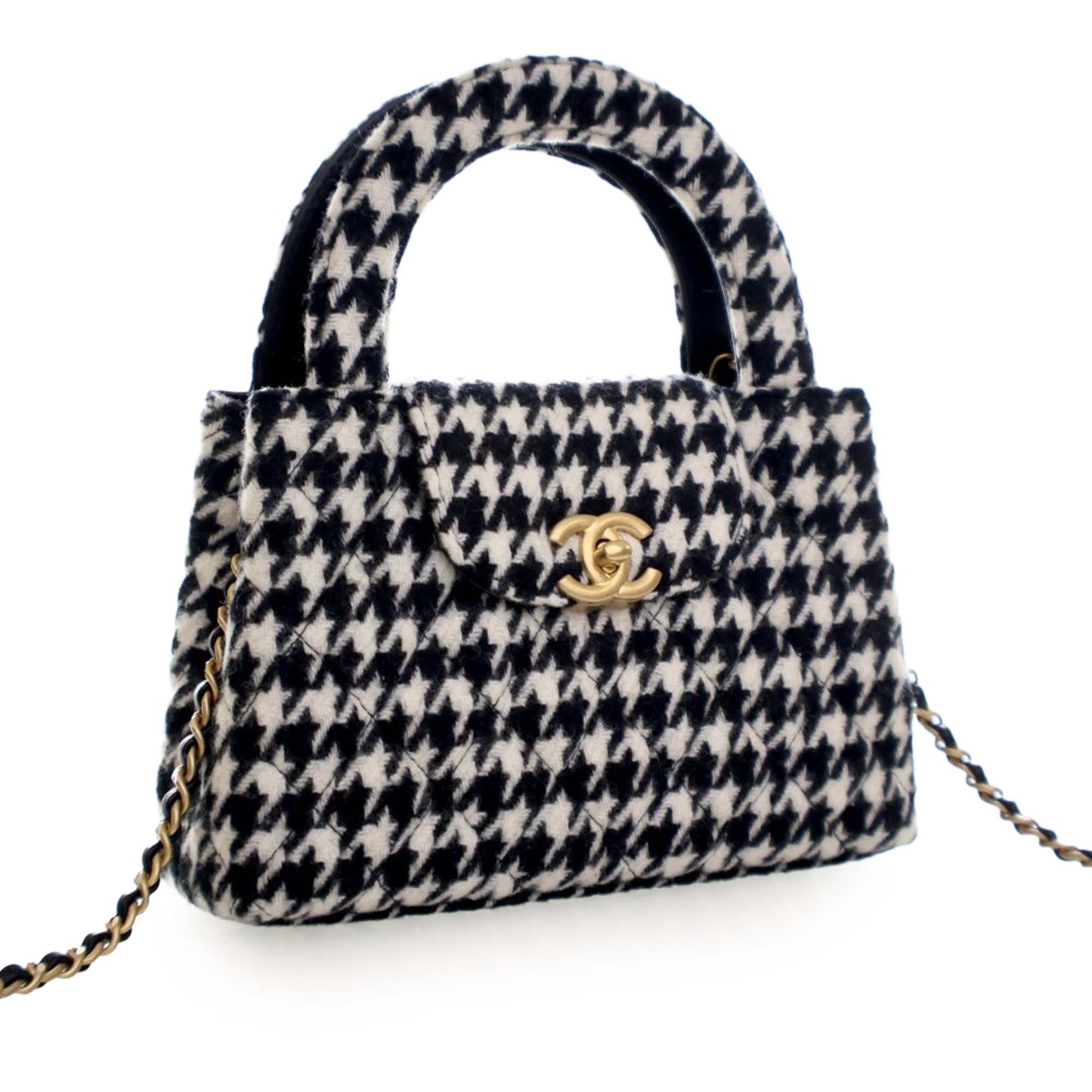 Chanel Nano Quilted Houndstooth Tweed Kelly Shopper Bag