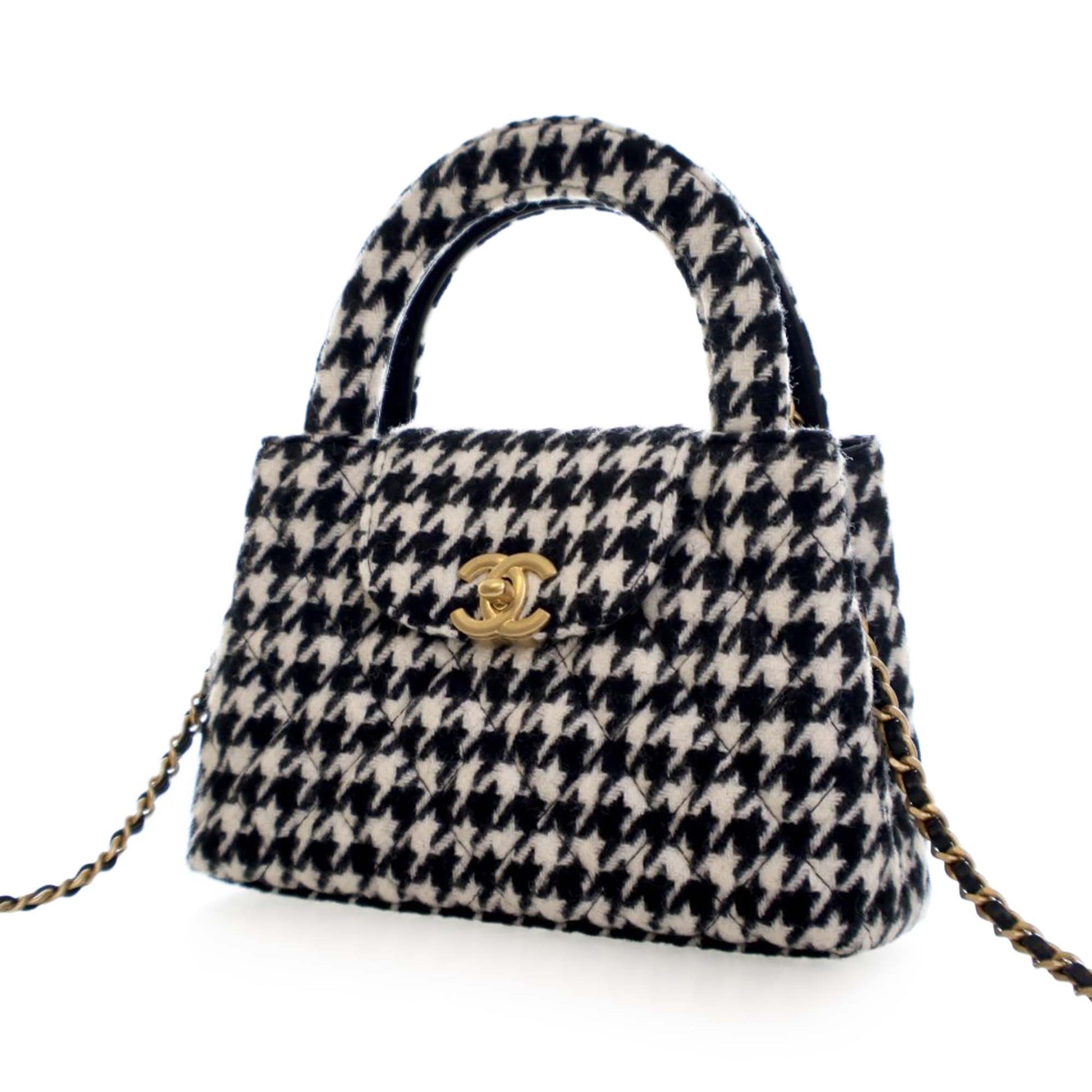 Chanel Nano Quilted Houndstooth Tweed Kelly Shopper Bag