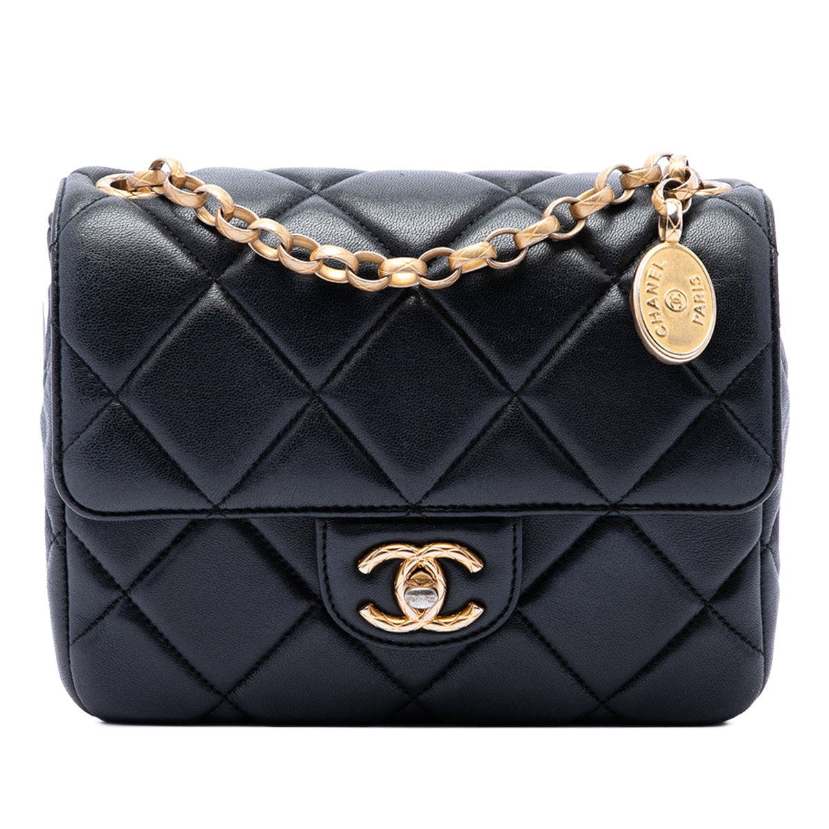 Chanel Mini Square Quilted Lambskin Bijoux Logo Chain Flap — Black
