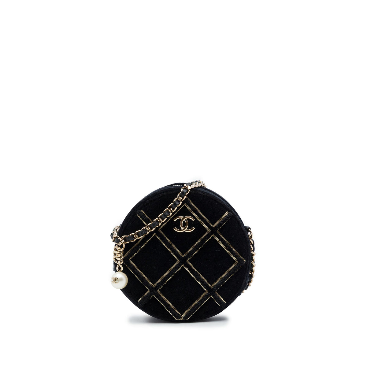 Chanel Velvet Pearl Sequin Round Crossbody — Black