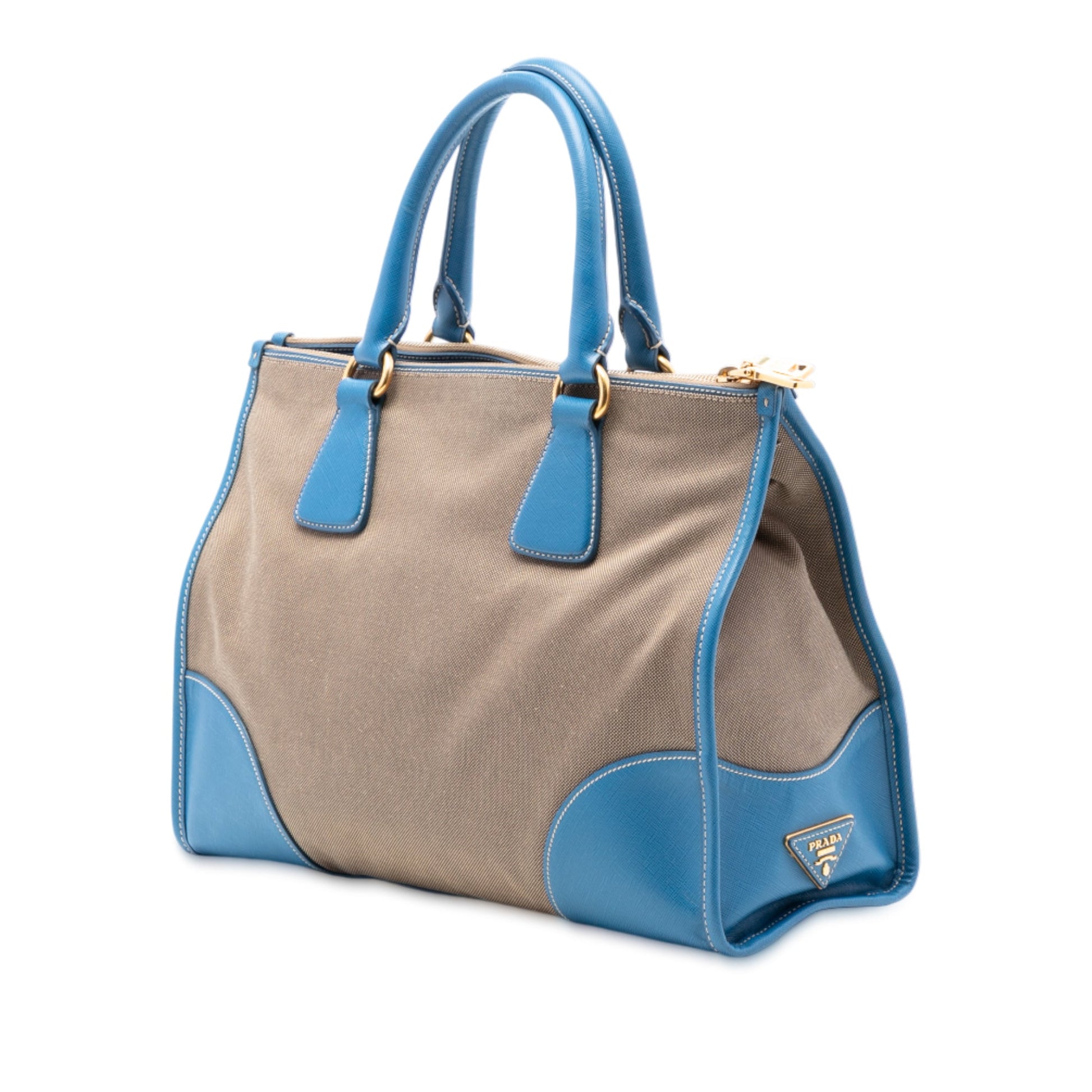 Prada Saffiano Trimmed Canvas Canapa Logo Double Zip Satchel