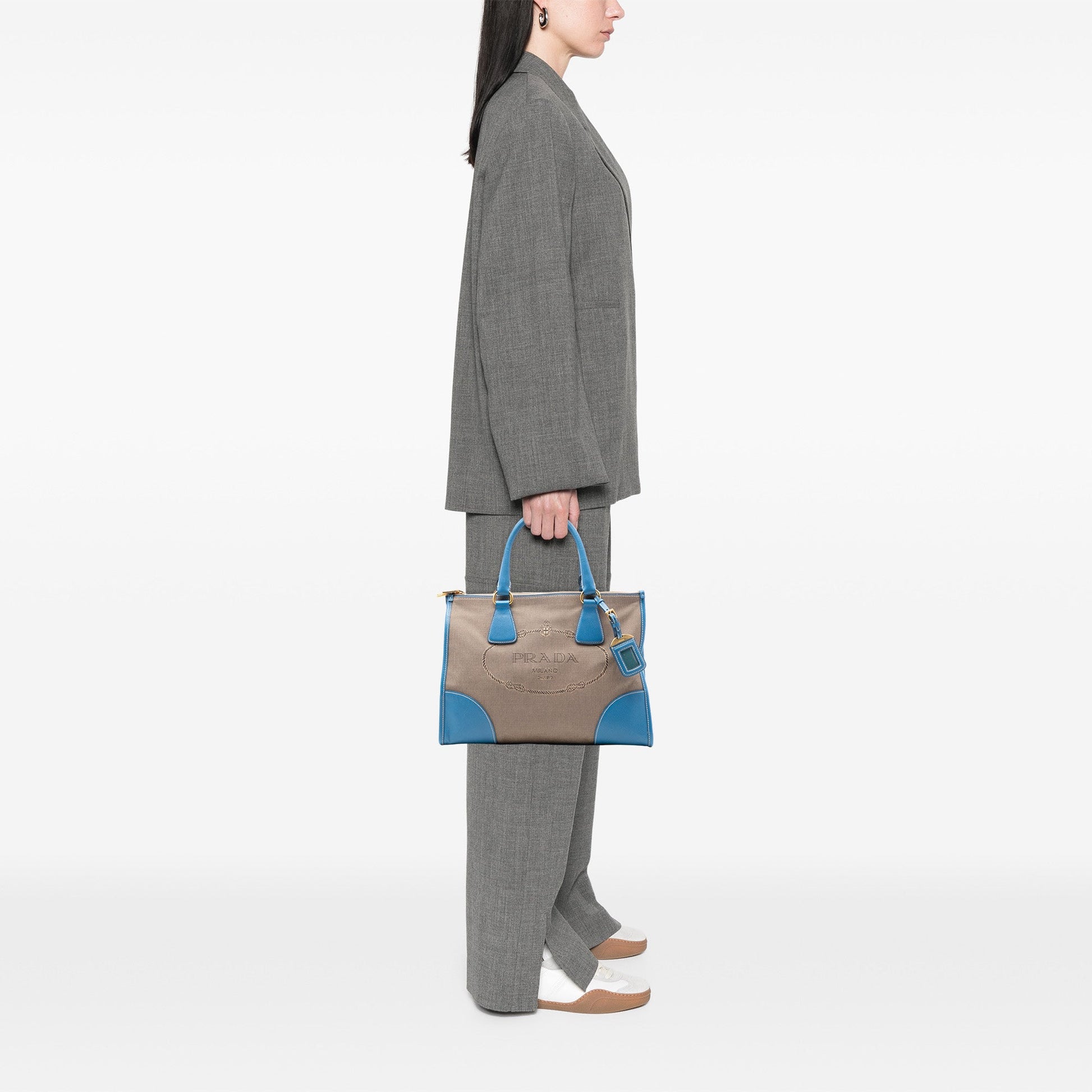 Prada Saffiano Trimmed Canvas Canapa Logo Double Zip Satchel