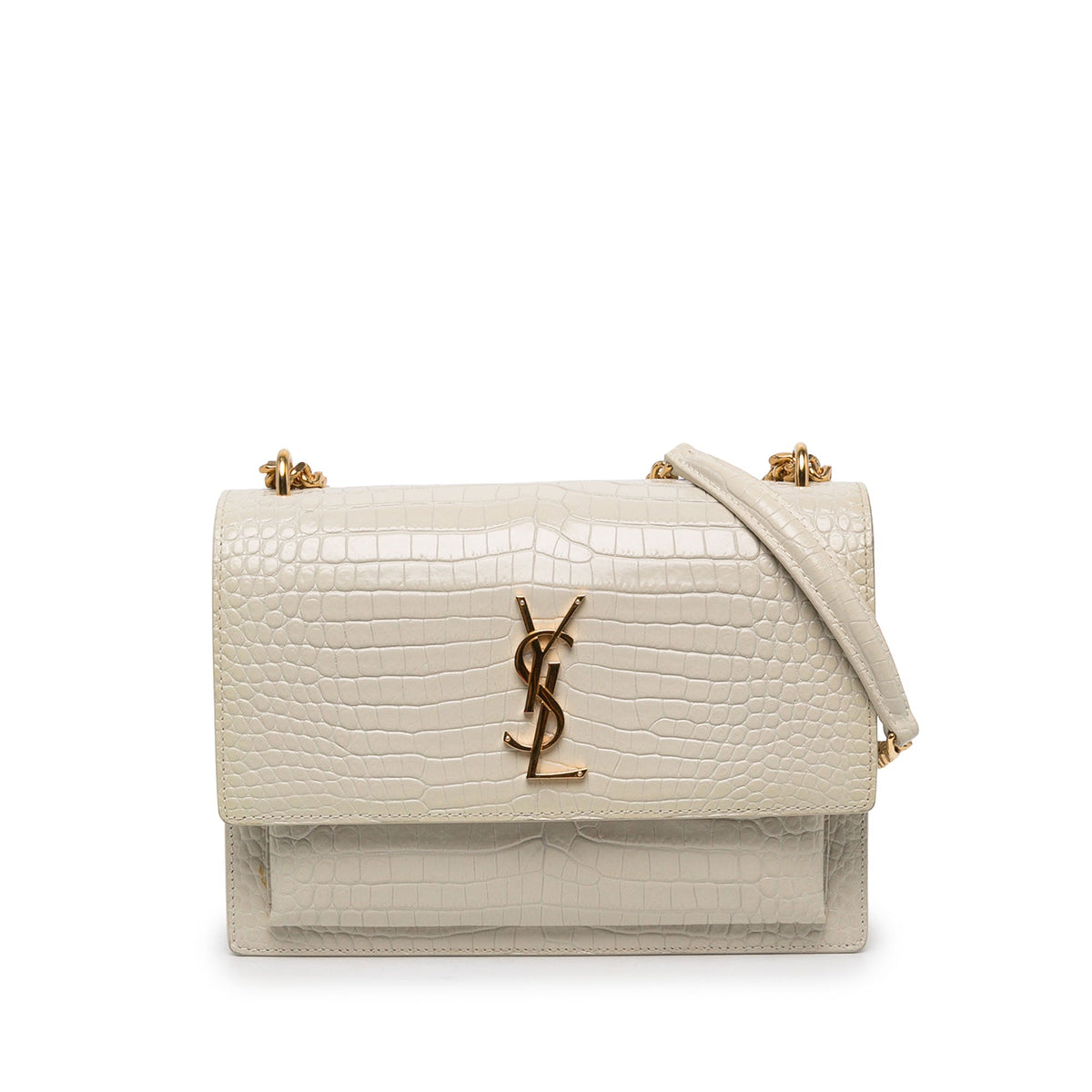 Saint Laurent Medium Croc Embossed Leather Monogram Sunset Crossbody — White