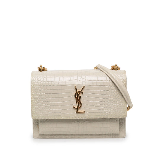 Saint Laurent Medium Croc Embossed Leather Monogram Sunset Crossbody — White