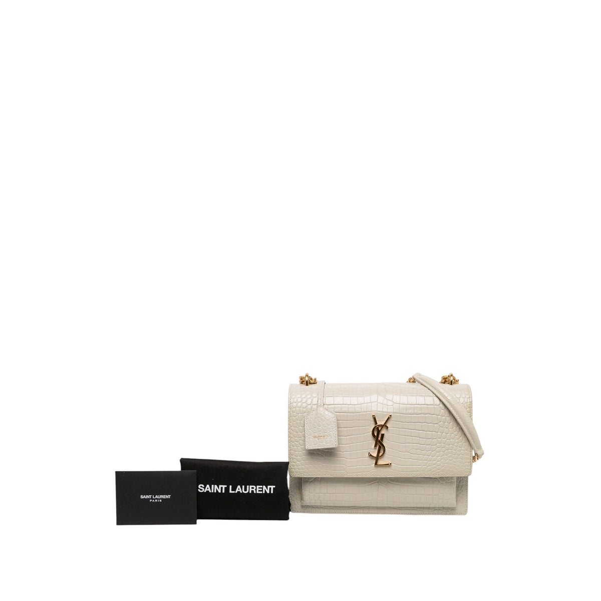 Saint Laurent Medium Croc Embossed Leather Monogram Sunset Crossbody — White