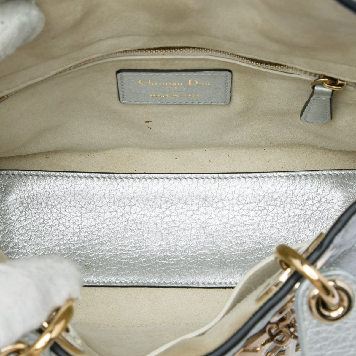 Dior Small Metallic Grained Calfskin Cannage Supple Lady Dior — Silver