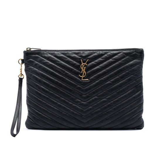 Saint Laurent Chevron Calfskin Monogram Zip A4 Pouch