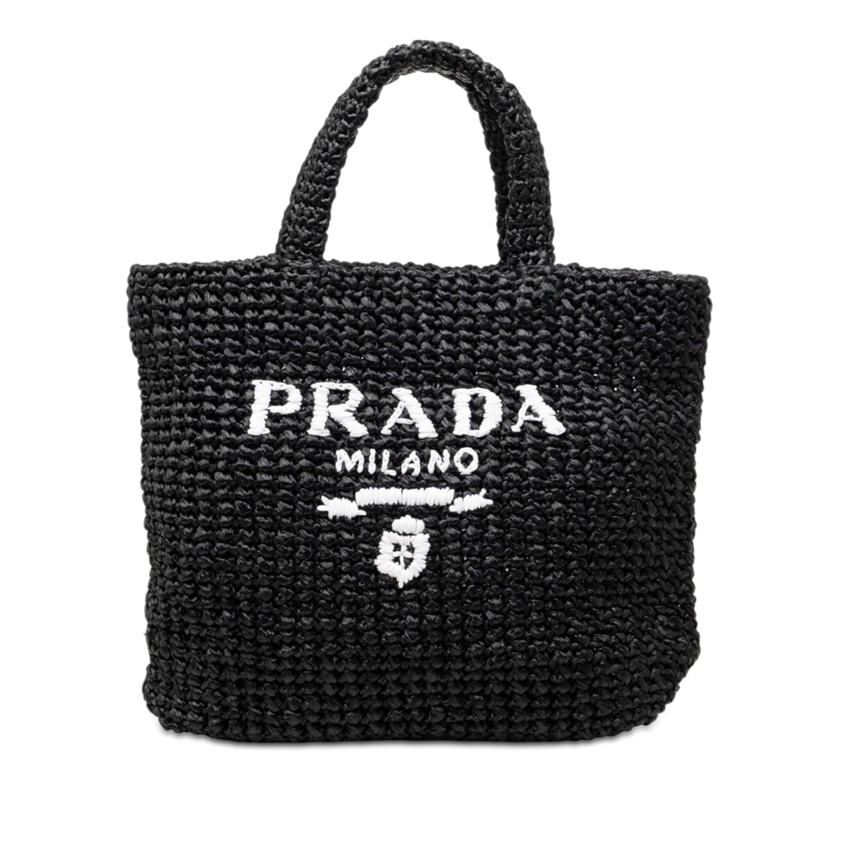 Prada Small Raffia Effect Crochet Embroidered Logo Tote