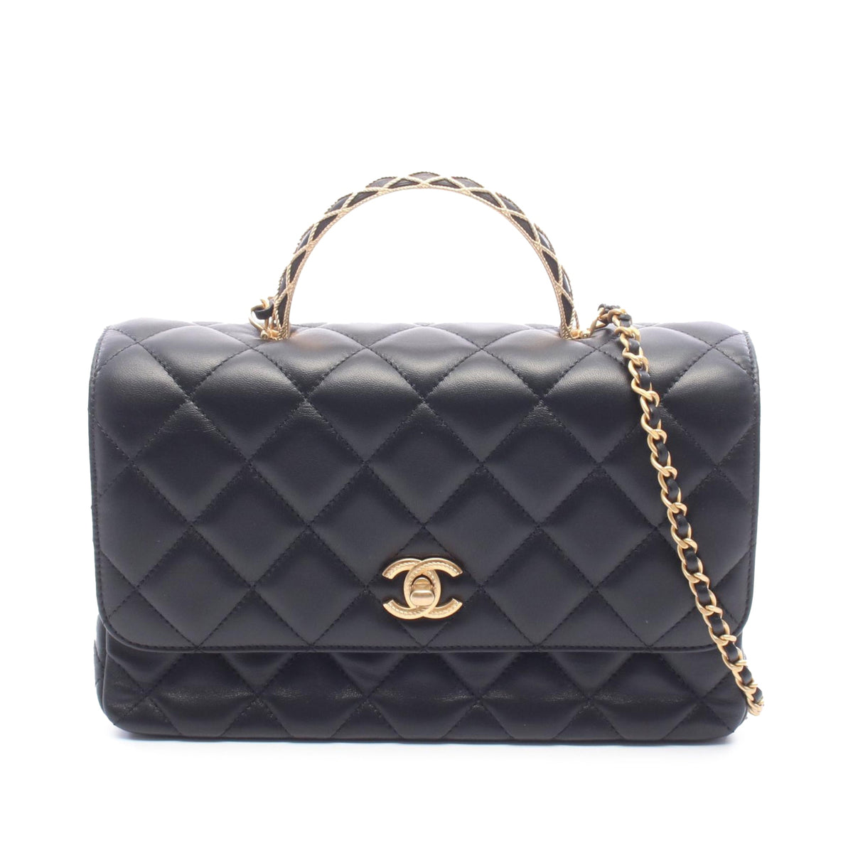 Chanel CC Quilted Lambskin Chain Top Handle Flap — Black