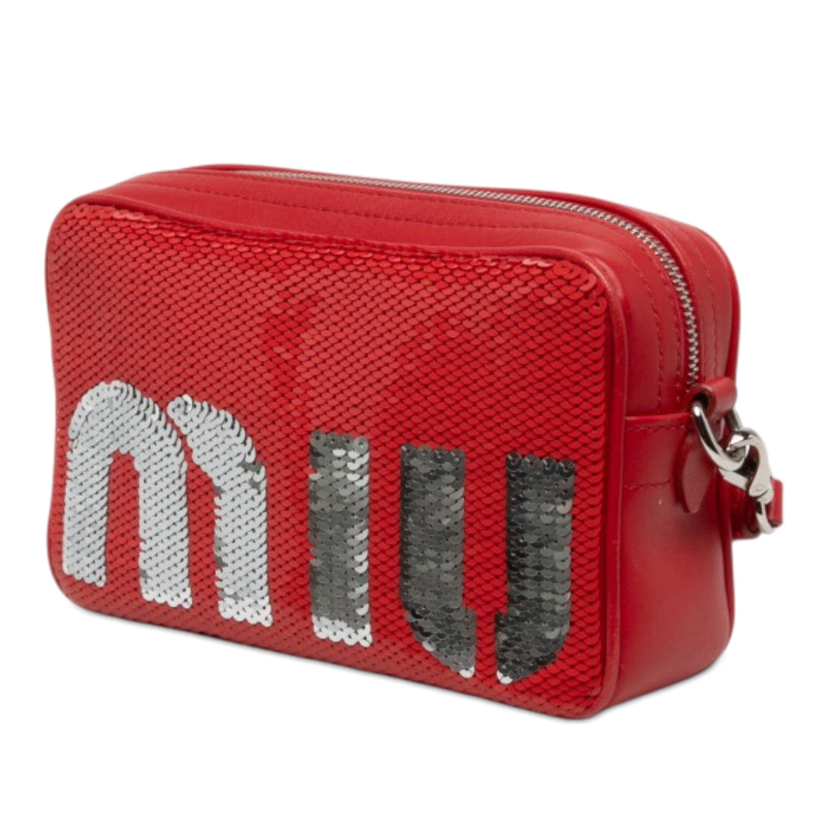 Miu Miu Sequins Paillettes and Calfskin Logo Crossbody — Red