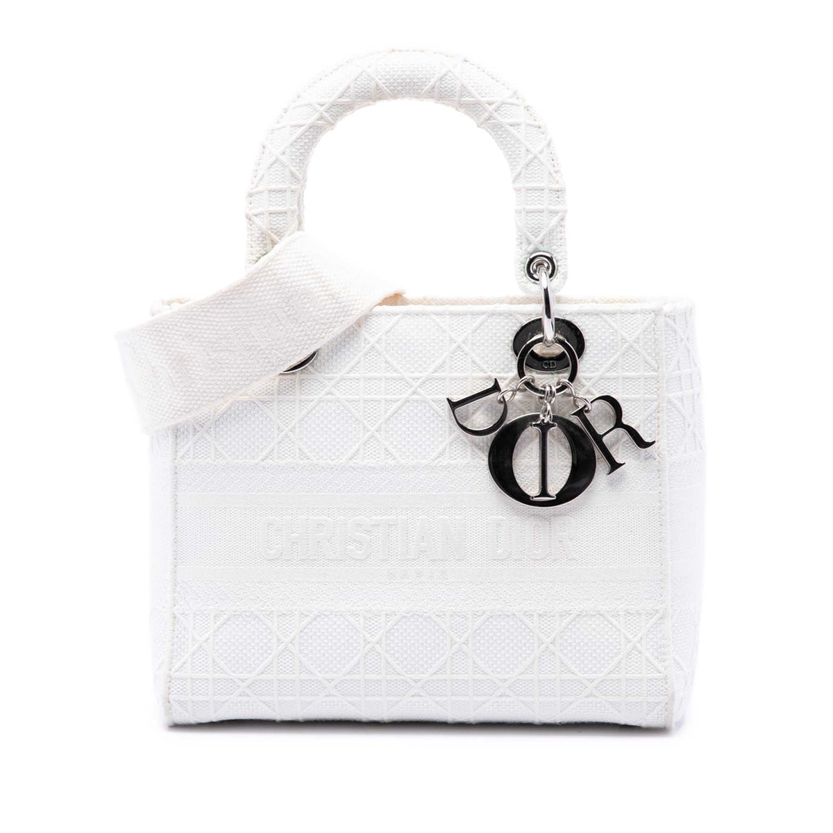 Dior Medium Embroidered Canvas Cannage Lady D Lite — White